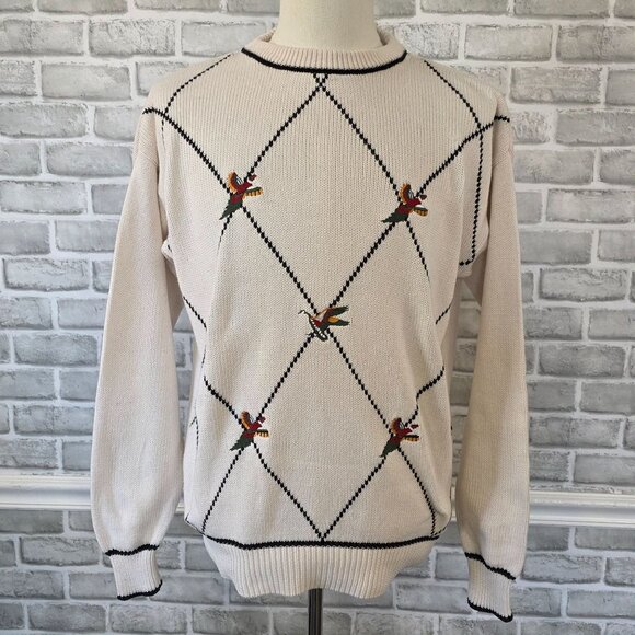 Vintage CF Hathaway Cotton Hand Intarsia Sweater Argyle Pheasant Preppy Acadamia - Picture 1 of 8